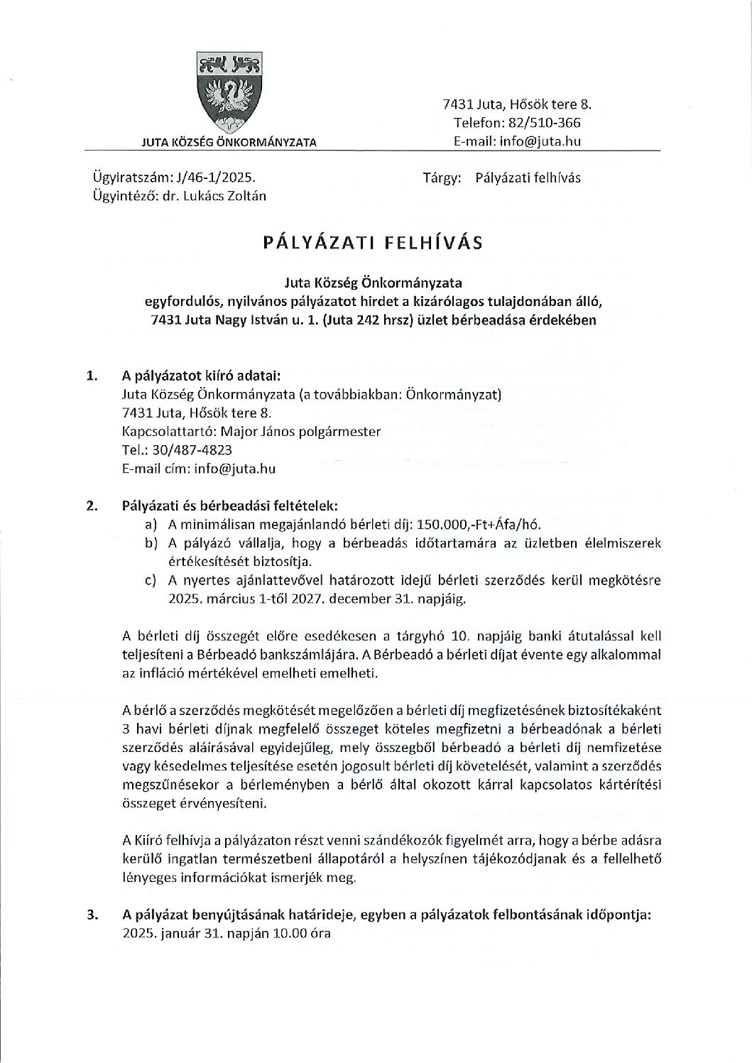 Pályázati felhívás 2025 – Juta bolt bérbeadása